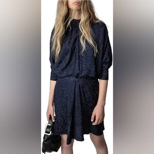 Zadig & Voltaire Silk Jacquard Dress Navy Blue Size Medium NWT